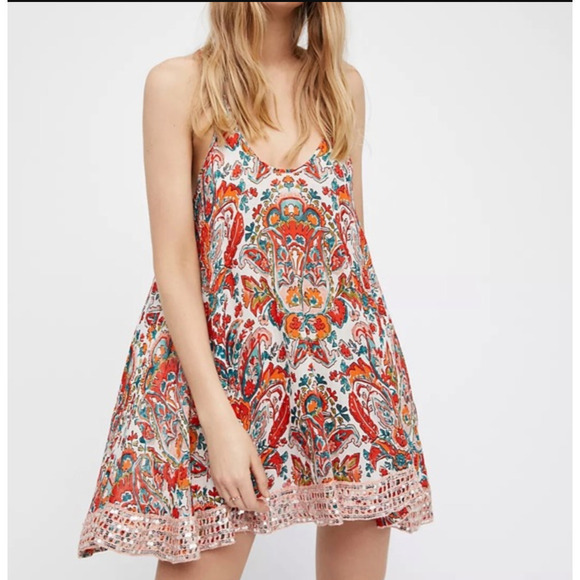 Free People Cotton Paisley Sequin Shark Bite Hem Boho Slip Dress • Size XS 🗣 - Picture 1 of 5